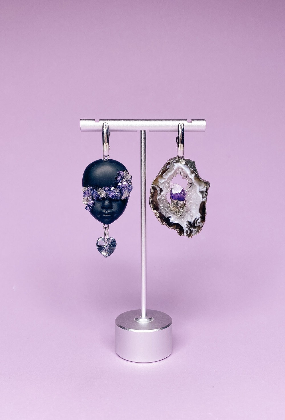 Серьги черная куколка с агатом и аметистом 2 - фото 108833