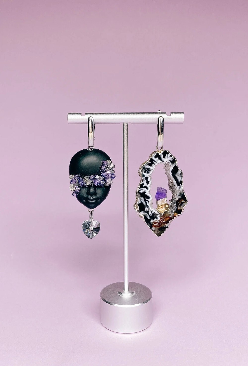 Серьги черная куколка с агатом и аметистом 3 - фото 108835