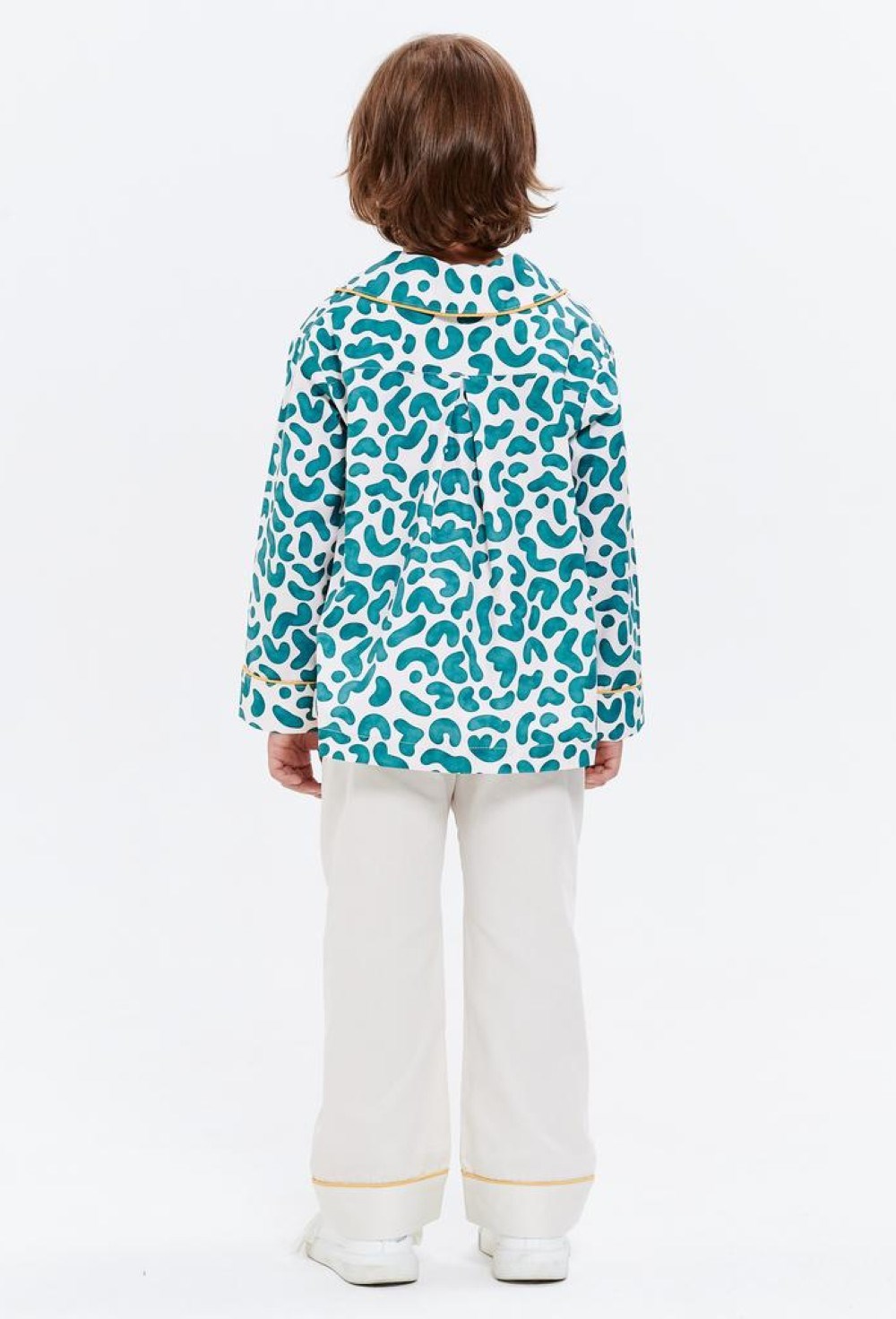 Хлопковая пижама унисекс бежевая с контрастными карманами и принтом "зеленая акварель" - фото 109082