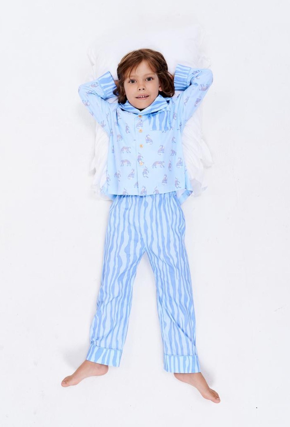 Хлопковая пижама унисекс синяя с тигровым принтом - фото 109085