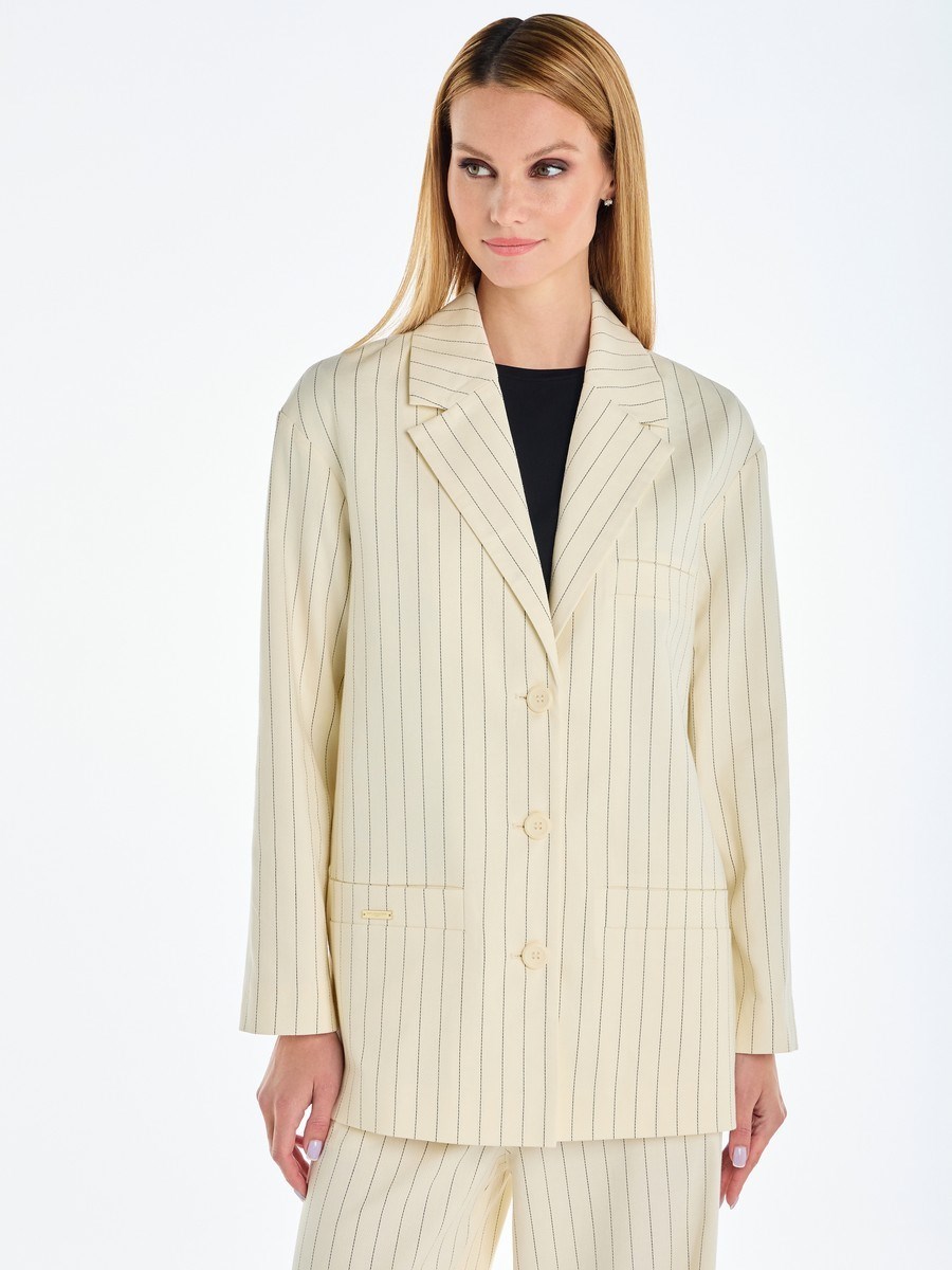 Летний прямой однобортный жакет из хлопка в полоску - фото 110345