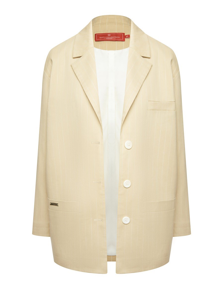 Летний прямой однобортный жакет из хлопка в полоску - фото 110349