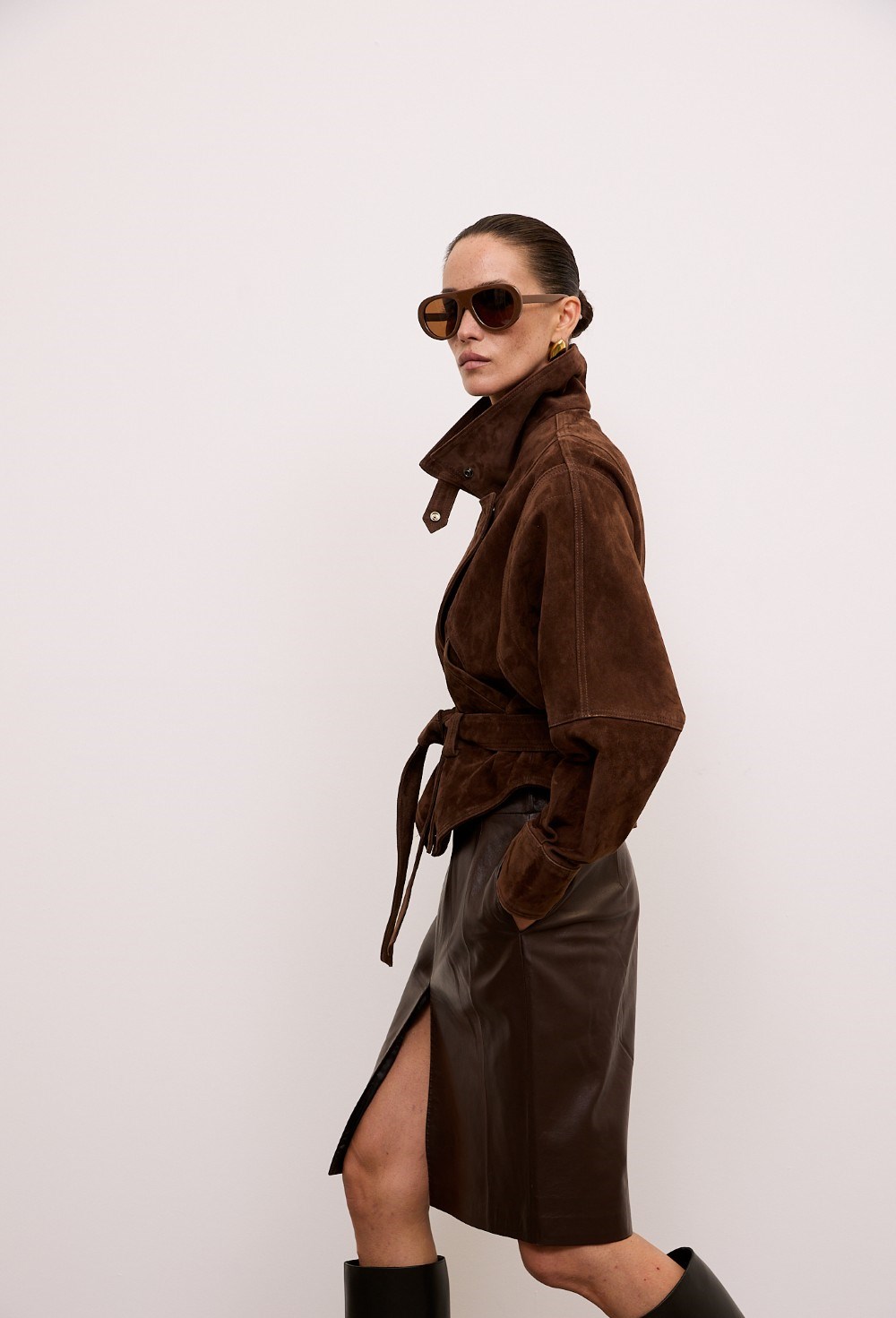 Кожаная юбка миди choco - фото 113507