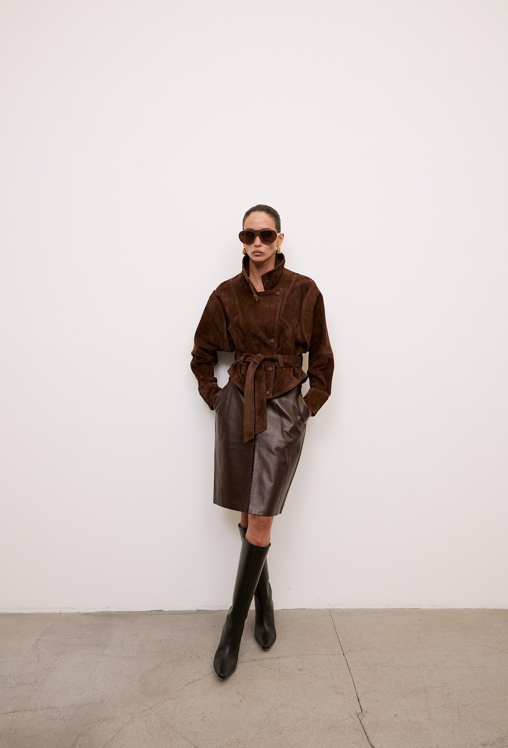 Кожаная юбка миди choco - фото 113509