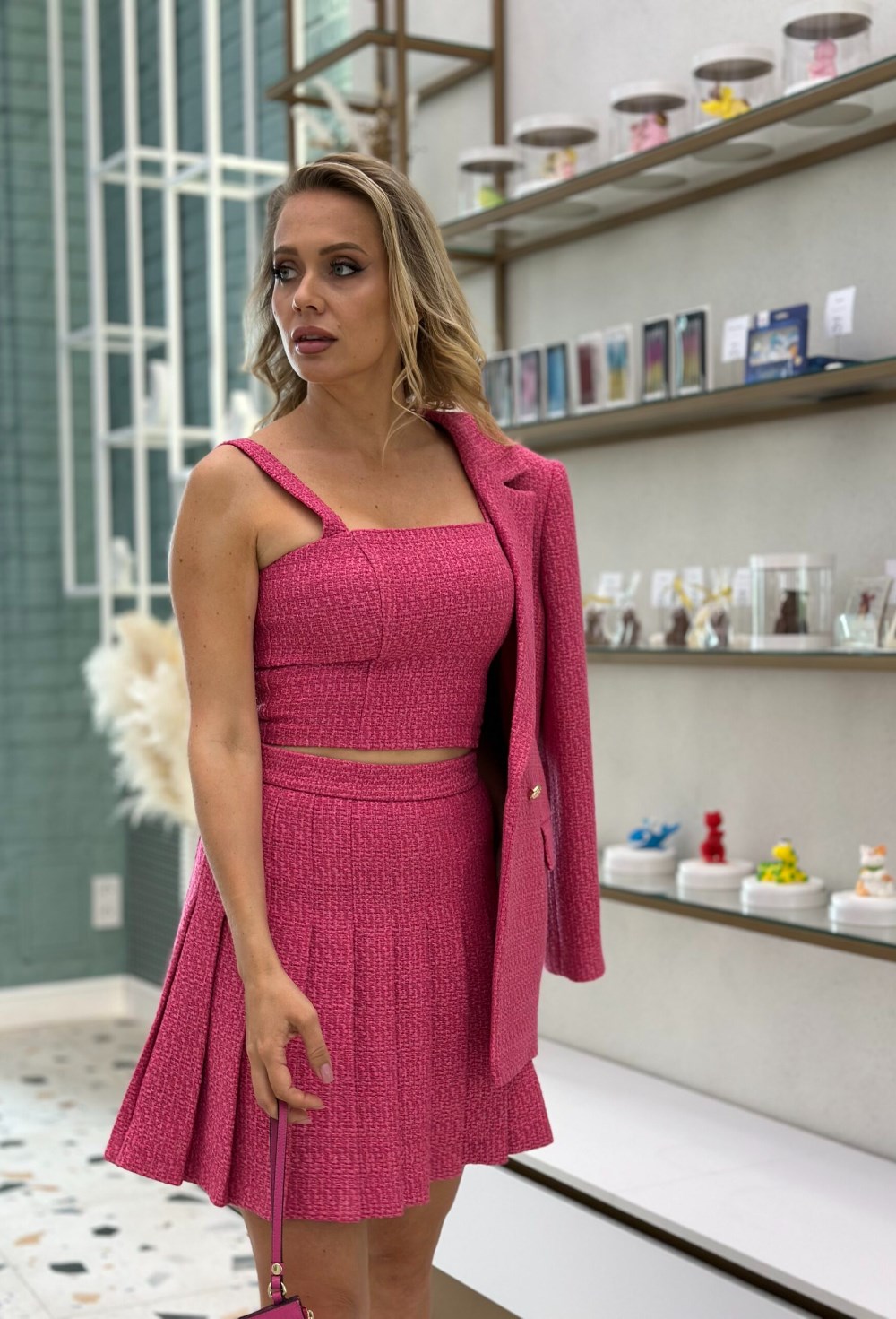 Топ-корсет из твида фуксия - фото 118673