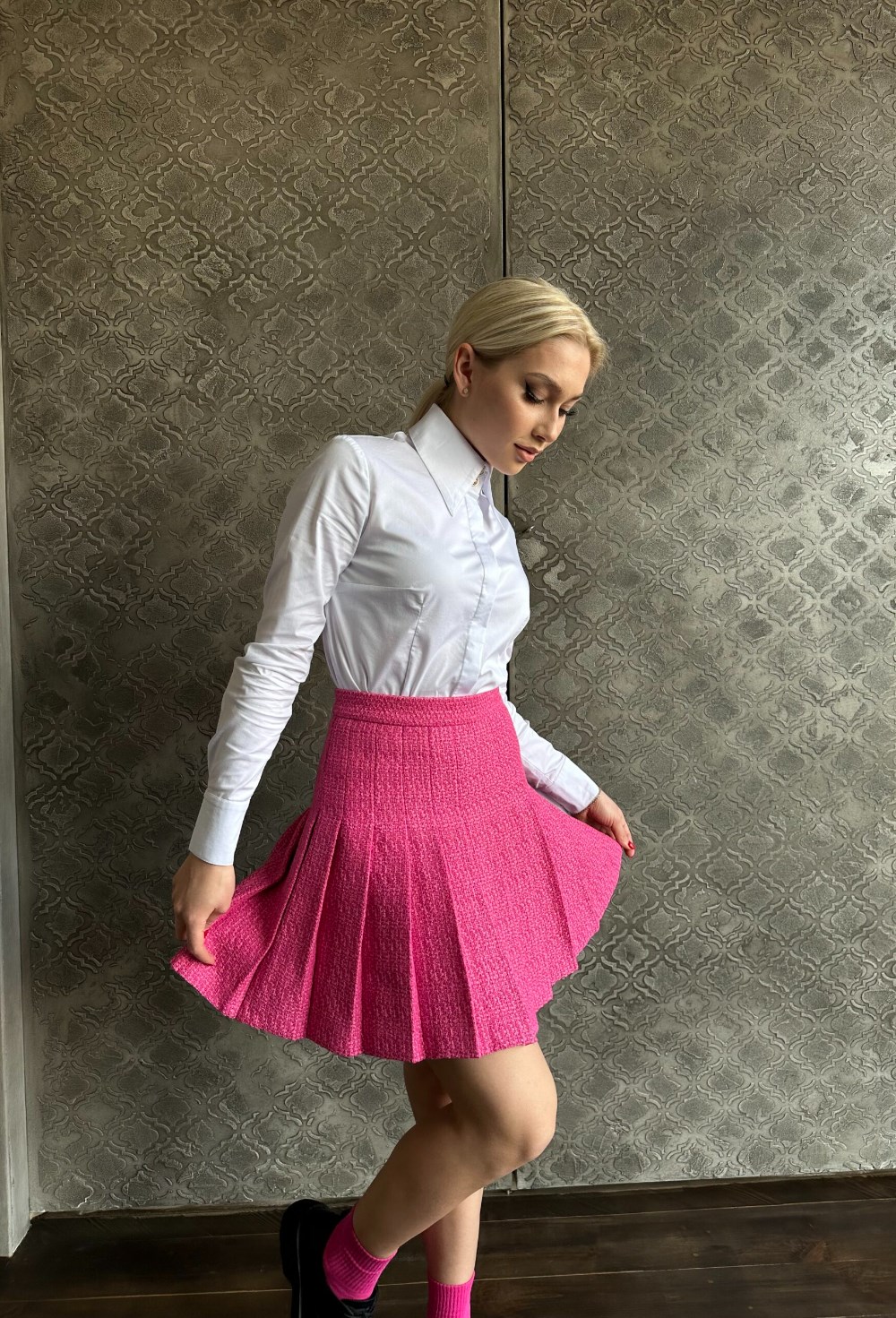 Юбка-плиссе из твида «фуксия» - фото 118746