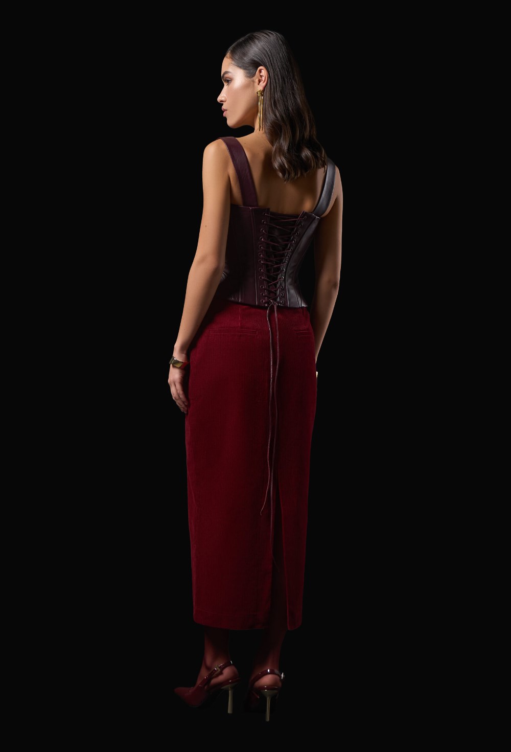 Бордовая вельветовая юбка карандаш - фото 120447