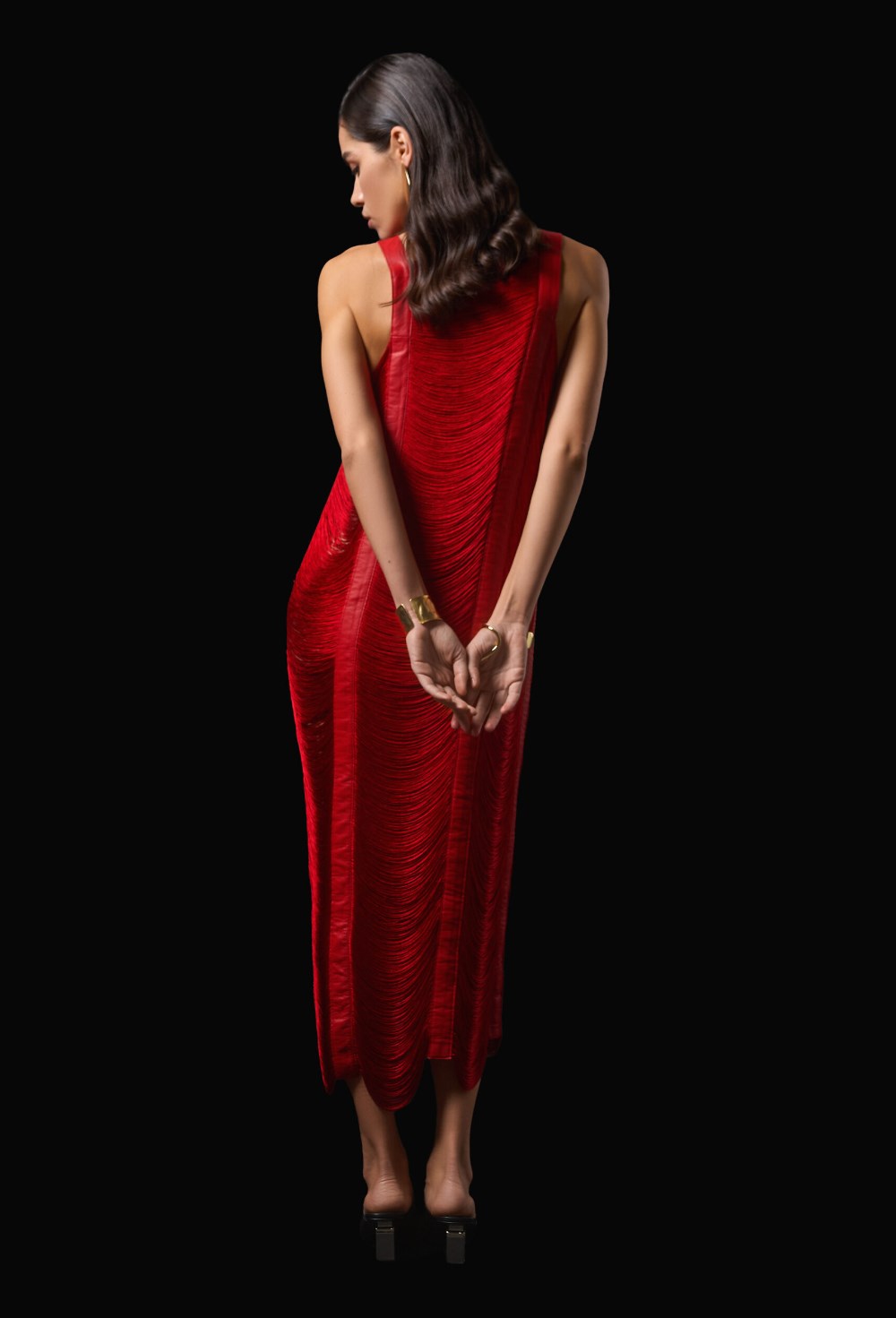 Красное платье-туника из бахромы и натуральной кожи - фото 120457