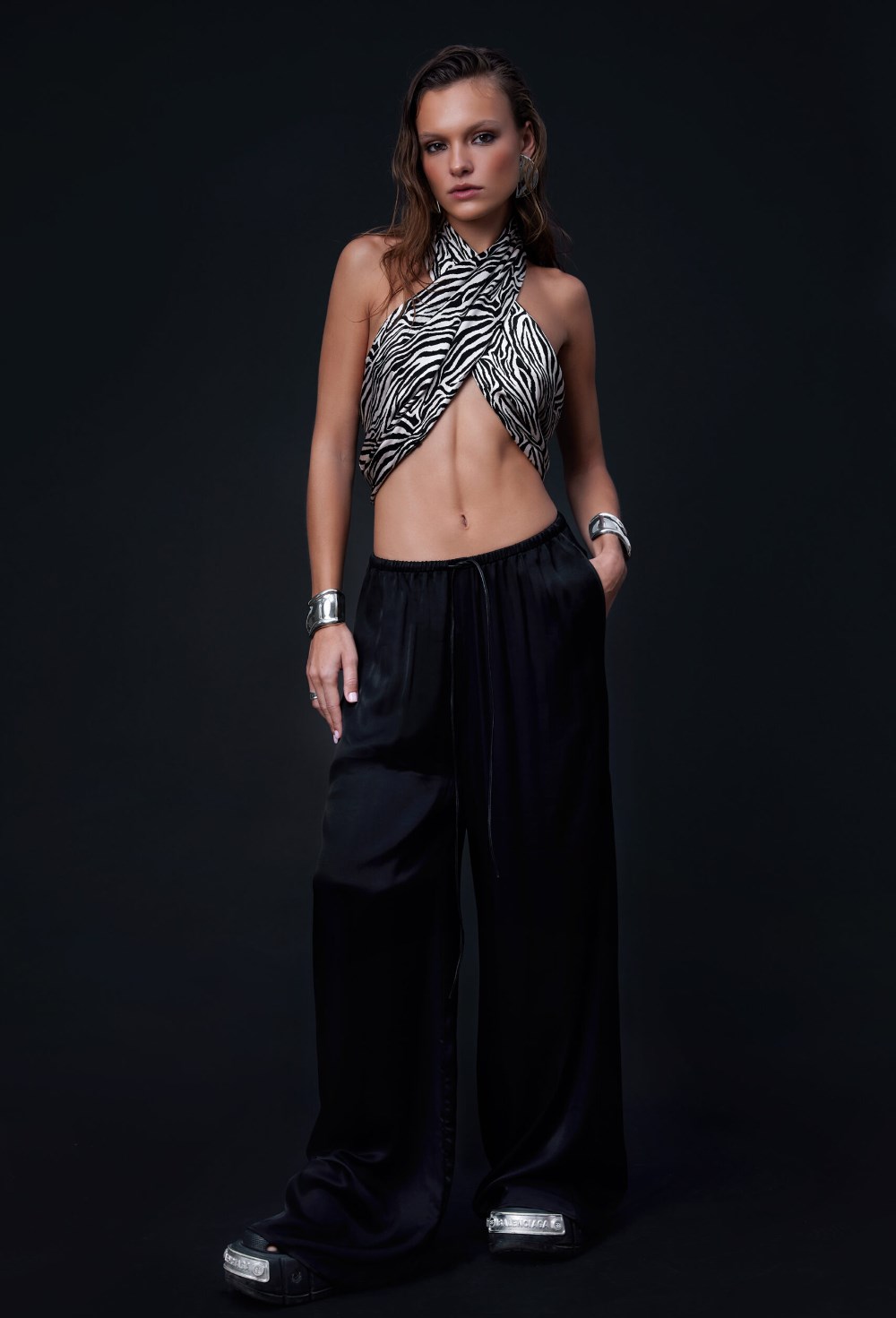 Халтер-топ зебра со съемным кожаным ремнем - фото 120698