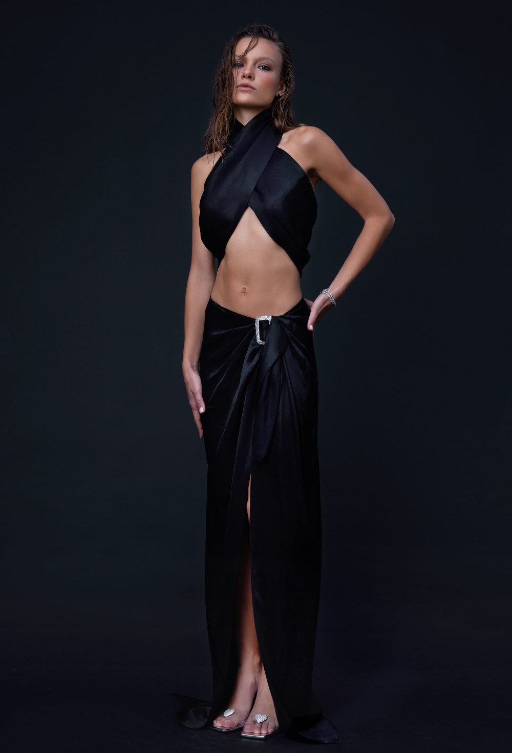 Халтер-топ из смесового льна со съемным кожаным ремнем - фото 120708