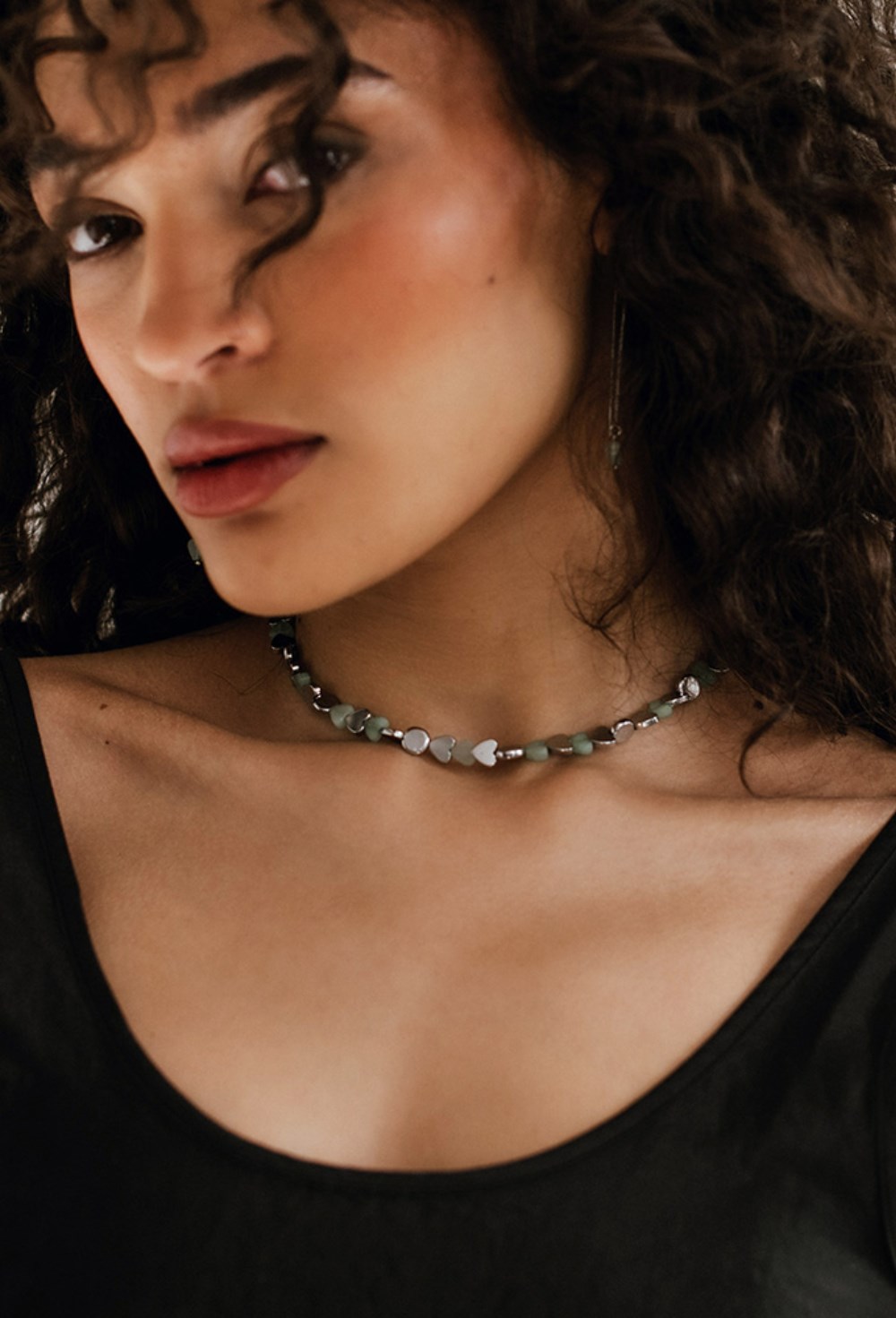 Choker made of green Jade and Hematite in the shape of a heart Rhodium - фото 122399