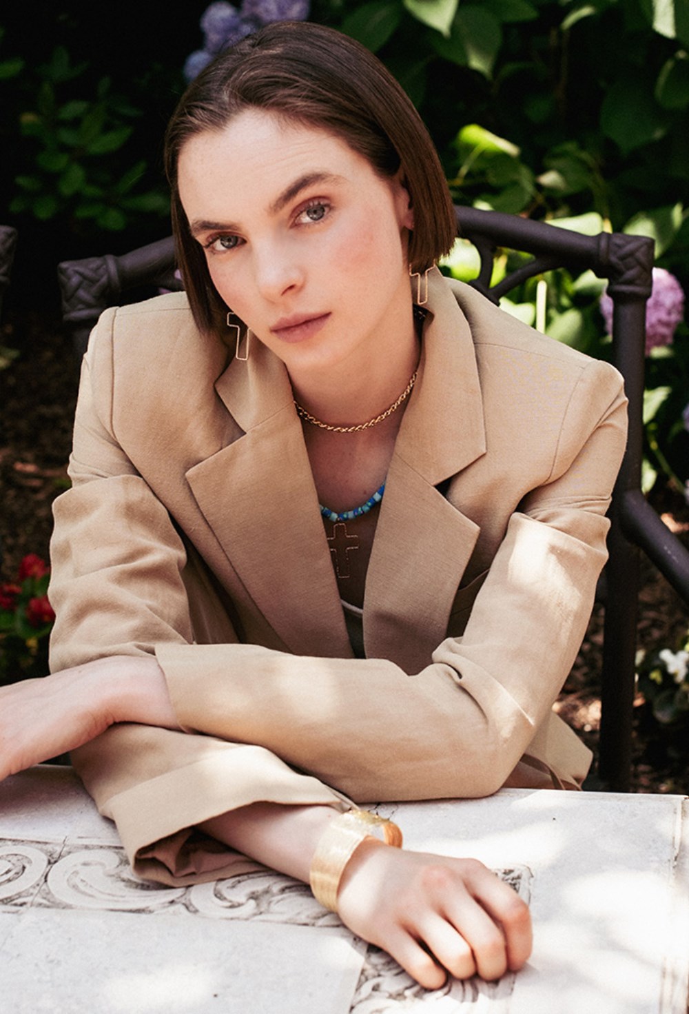 Double-ring bracelet with a chain and beads - фото 123024