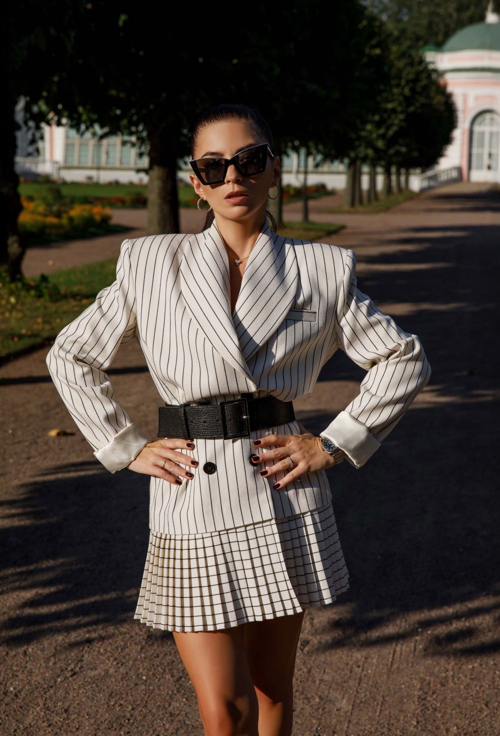 Платье в полоску с юбкой плиссе - фото 129339