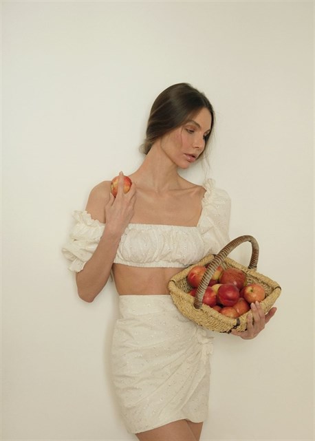 топ с рукавами-фонариками из хлопка молочный - фото 12981