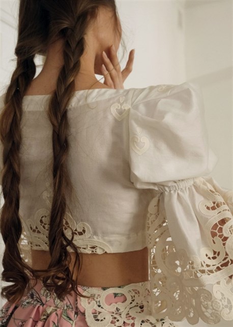 короткая двухъярусная юбка из хлопка с кружевом - фото 12994