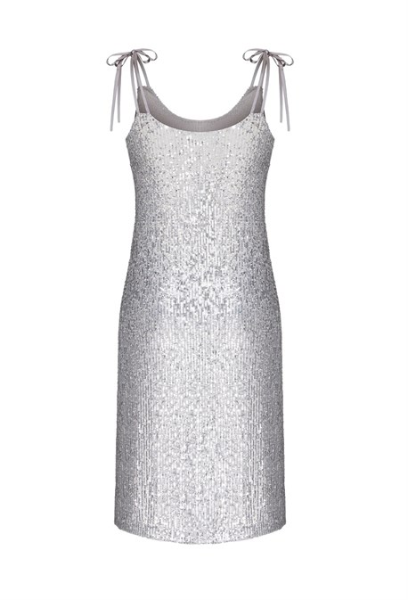 Платье из серебряных пайеток с шелковыми завязками - фото 50686