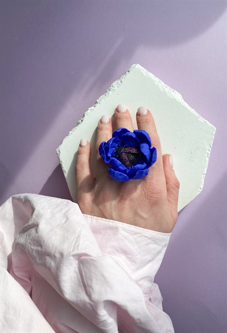 Кольцо синий цветок с жучком - фото 60717