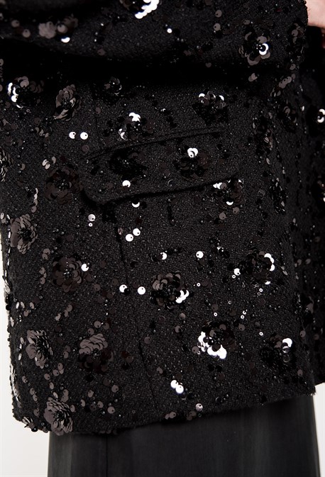 Двубортный прямой жакет из твида с пайетками - фото 71434