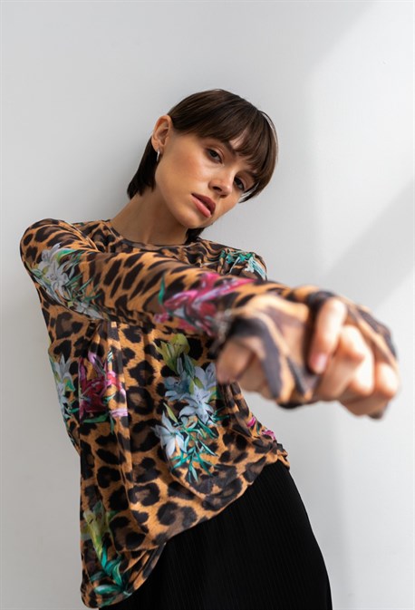 Лонгслив-сетка "Леопард с цветами" - фото 73478