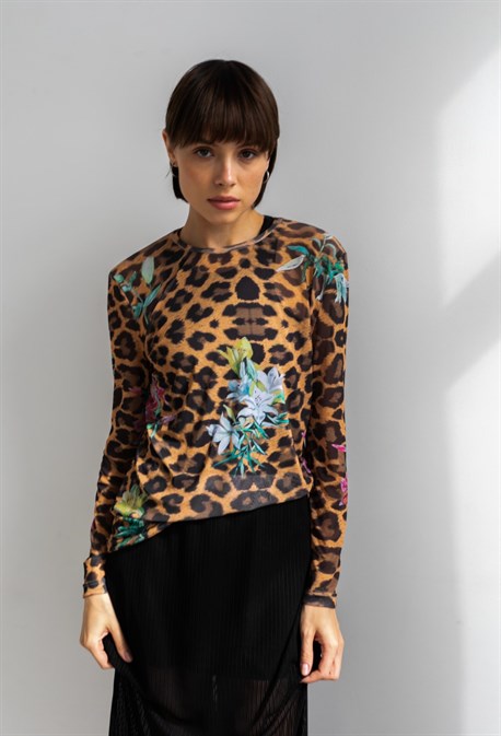 Лонгслив-сетка "Леопард с цветами" - фото 73479
