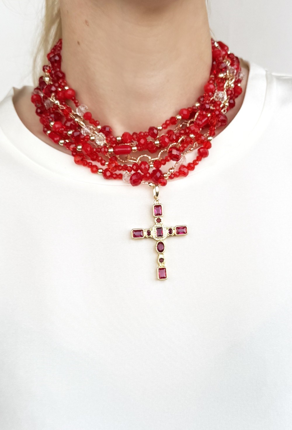 чокер из горного хрусталя красный с крестом - фото 94336