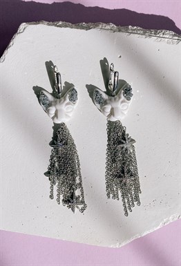 Серьги белые кошки мини с цепями