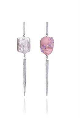 Серьги с розовой куколкой мини жемчужиной и иглами