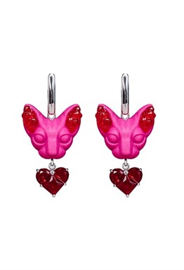 Серьги кошки мини фуксия с сердцами