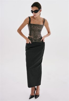 Юбка макси из кожи и крепа