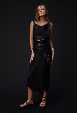 Платье-туника из бахромы и натуральной кожи