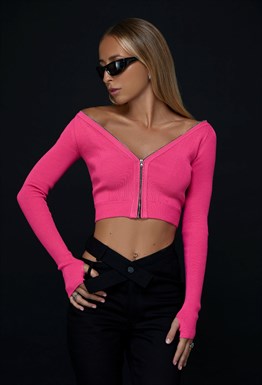 Розовый трикотажный топ с молнией