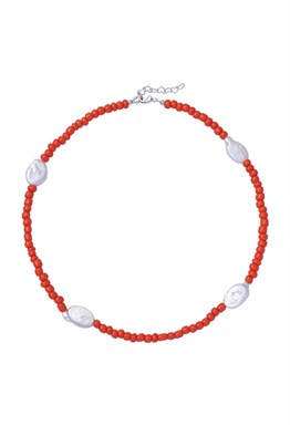 Чокер с оранжевым бисером и жемчугом