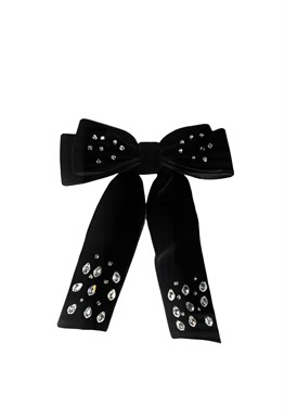 Бархатная бант-заколка черная для волос с бусинами из хрусталя