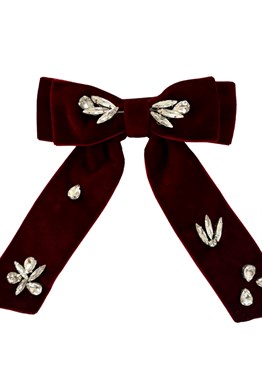 Бархатная бант-заколка бордо для волос с кристаллами