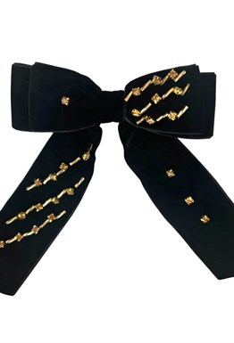 Бархатная бант-заколка черная для волос с закрученным стеклярусом