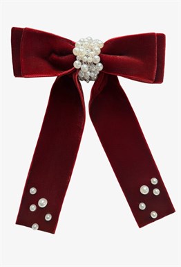 Бархатная бант-заколка  для волос бордовая с жемчугом