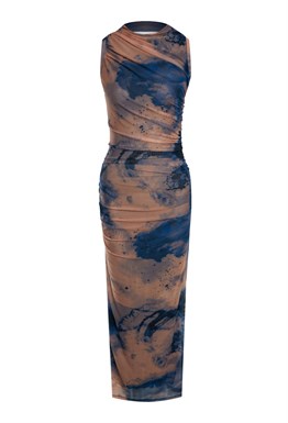 Длинное платье под горло без рукавов Голубое