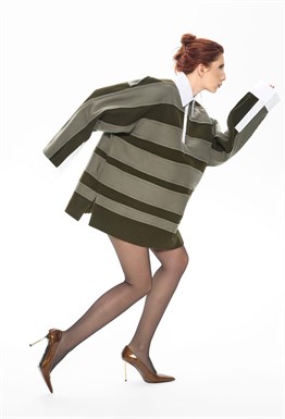 Хаки свитер-поло оверсайз из шерсти в полоску