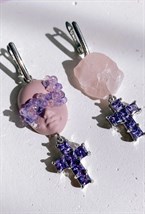 Серьги нюдовая куколка мини с розовым кварцем и крестами - фото 108785