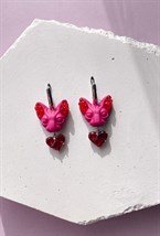 Серьги кошки мини фуксия с сердцами - фото 108794