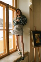 Юбка-мини из жаккарда гусиная лапка с вышивкой "ягоды" - фото 49038